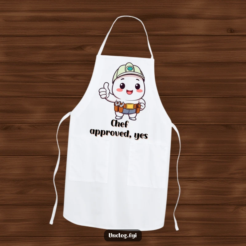 Funny Apron showcasing a kawaii character giving a happy thumbs up with a tool belt, perfect for kitchen confidence.