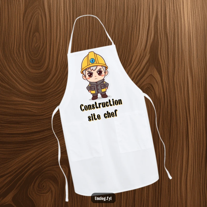 Funny apron depicting a character with a determined look, wearing a small hard hat, ready for construction or DIY.