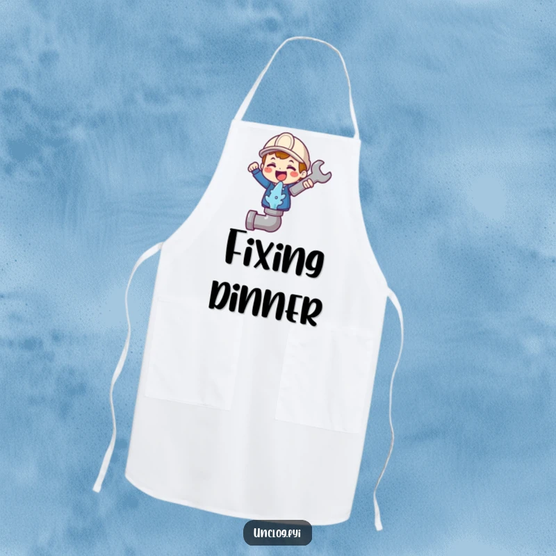 Funny apron with a cute character joyfully holding a wrench above a gushing pipe icon, ideal for DIY projects.