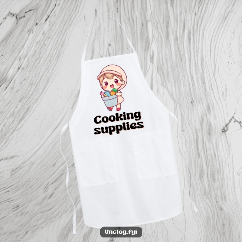Funny Apron showcasing a kawaii character happily carrying a bucket of supplies, perfect for kitchen preparedness.