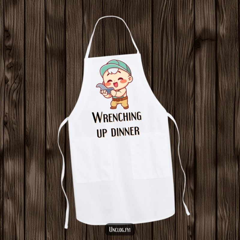 Funny Apron showcasing a kawaii character enthusiastically tightening a pipe with a wrench, perfect for kitchen humor.