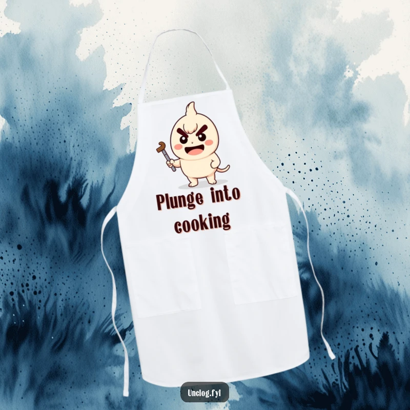 Funny Apron showcasing a kawaii character holding a plunger with a determined grin, perfect for kitchen problem-solving.