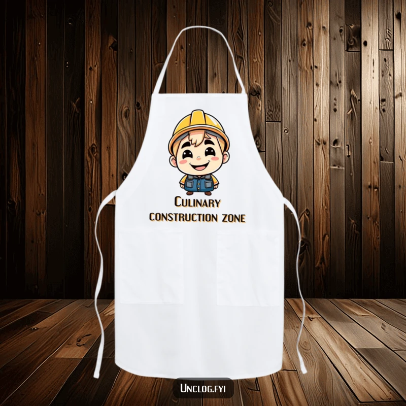 Funny apron print of a character with a cheeky grin, wearing a hard hat backwards. Protects clothes with humorous confidence. Practical style.