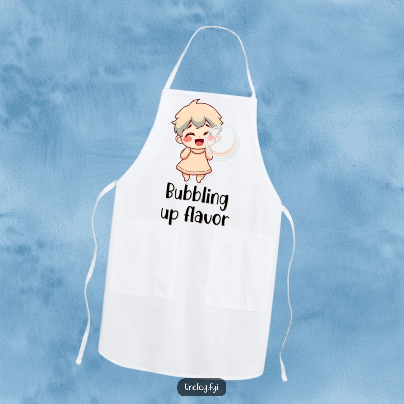 Funny Apron showing a character blowing a large, triumphant bubble, perfect for keeping clothes clean while serving up smiles.