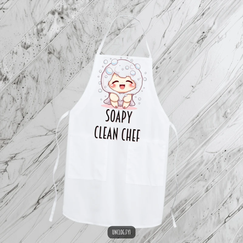 Funny apron depicting a cute character joyfully playing in harmless soap bubbles, giggling during a bubbly, playful moment.