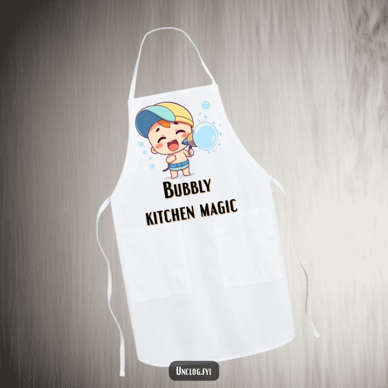 Funny apron print of a character enthusiastically spraying bubbles, perfect for kitchen protection and a cheerful vibe. Wearable fun.