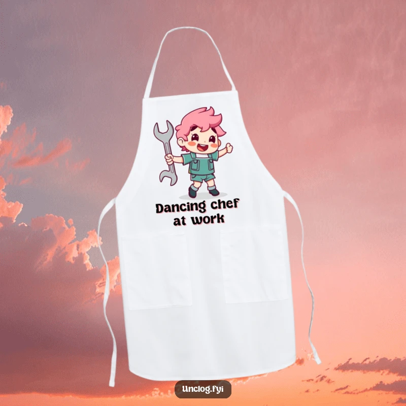 Funny character joyfully dancing with a wrench as a partner on an apron, bringing mechanical enthusiasm to tasks.