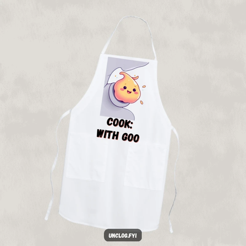 Funny Apron with a smiling blob of colorful goo making a swift, humorous exit from a pipe.
