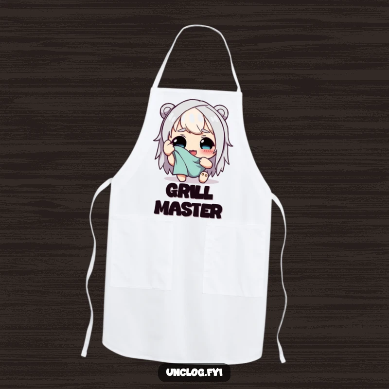 Funny apron with a character happily wiping sweat from their brow with a rag, suggesting relief after culinary effort and humor.