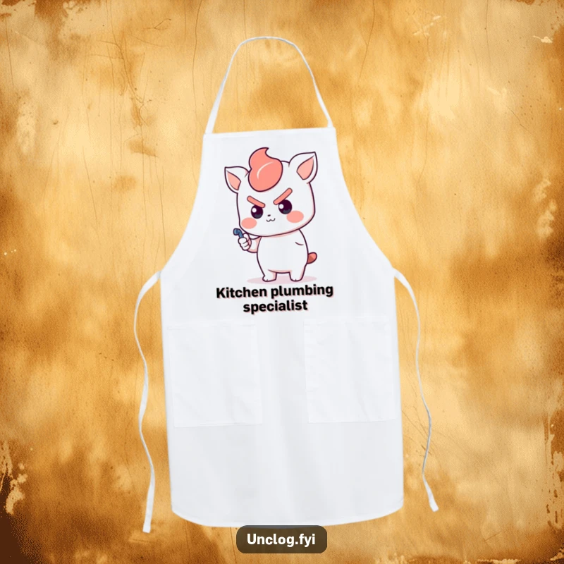 Funny Kawaii Apron with a determined character holding a plunger, ready to tackle any mess with humorous resolve.