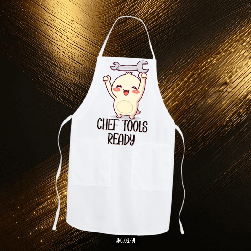 Funny Kawaii apron depicting a joyful character holding a wrench overhead, perfect for adding humor and a positive vibe to kitchen activities.