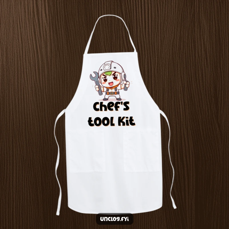 Funny Apron showing a cute character determinedly holding a wrench, perfect for DIY fun and as a funny gift.