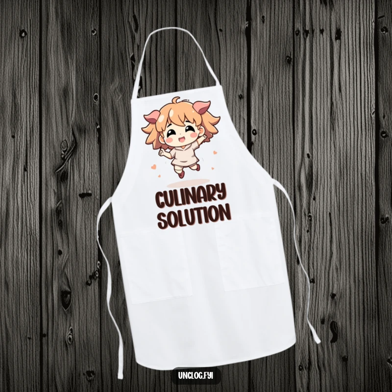 Funny apron with an energetic character jumping, symbolizing quick thinking and successful problem-solving in the kitchen.
