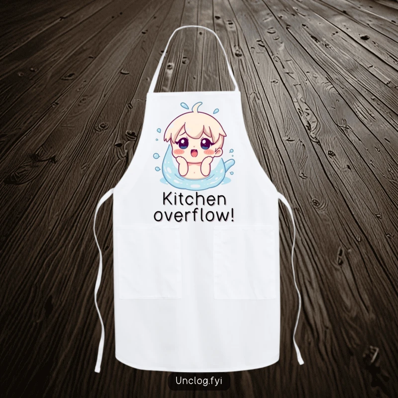 Funny apron with a character showing a surprised smile while looking at overflowing water, ideal for kitchen mishaps.