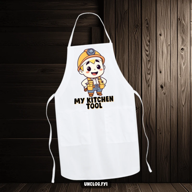 Funny apron featuring a happy plumber character in a tool belt, smiling confidently, ready for kitchen tasks.
