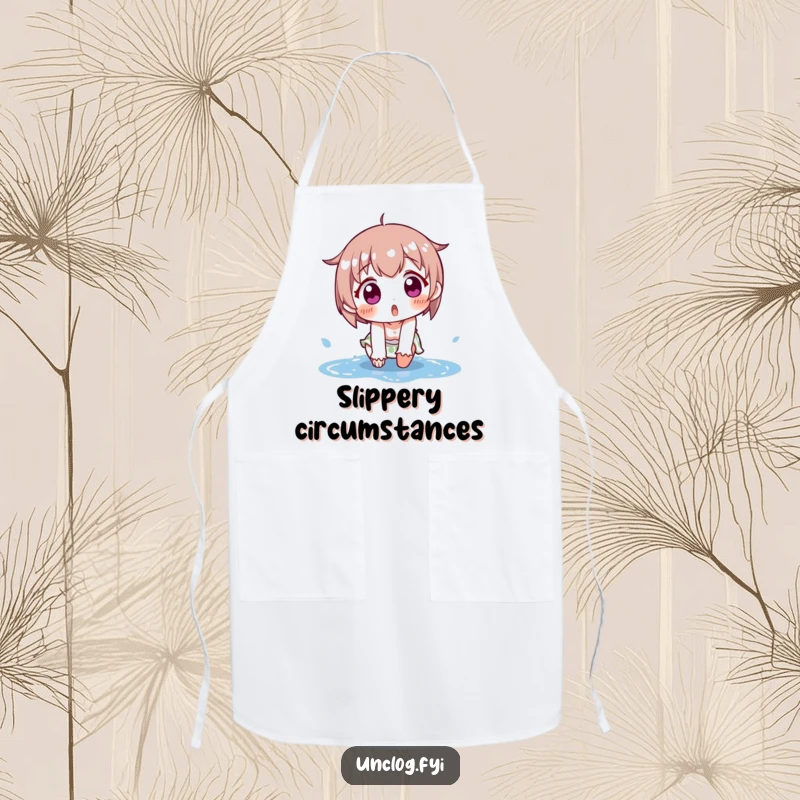 Funny apron print of a character hilariously slipping on a puddle, ideal for kitchen protection and a good laugh. Wearable comedy.