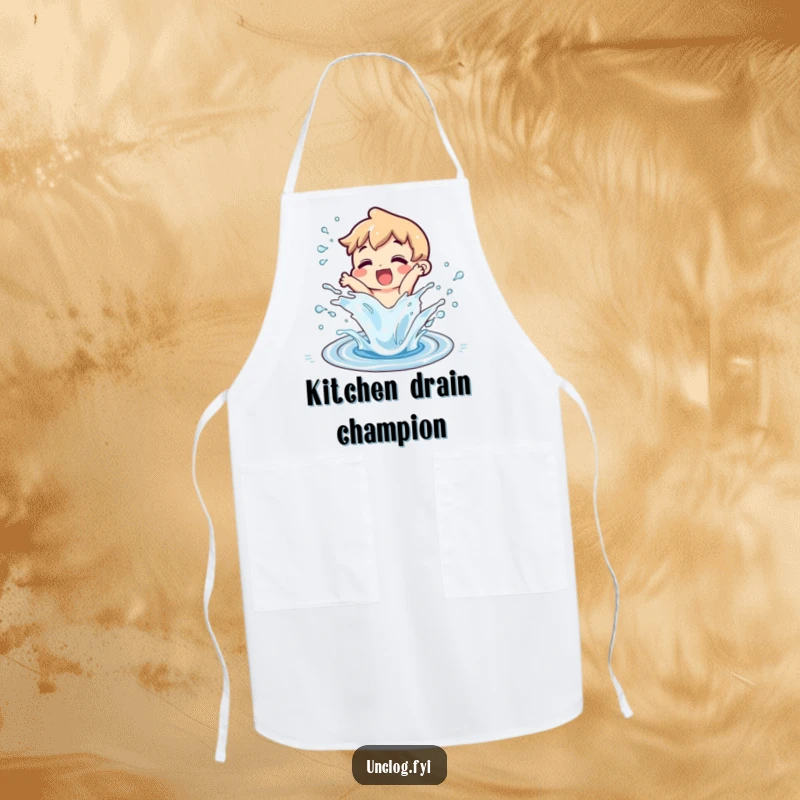 Funny character splashing water from an unclogged drain on an apron, symbolizing clean work and plumbing success.