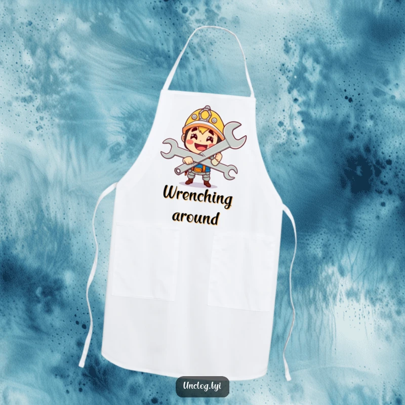 Funny cute character gleefully holding a giant wrench with a proud smile, on a functional kitchen apron.