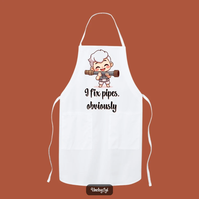 Funny Plumber's Kitchen Apron: Happy Character Fixing Pipe, Perfect Funny Gift for Cooks