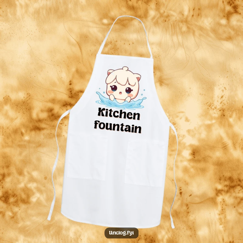 Funny Apron showcasing a kawaii character looking surprised by a sudden water splash, perfect for kitchen humor.