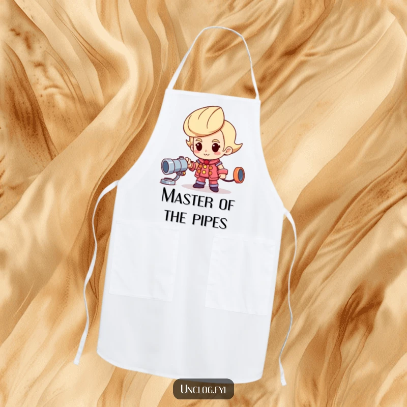 Funny apron showing a proud character next to a shiny new pipe, ideal for kitchen or workshop humor.