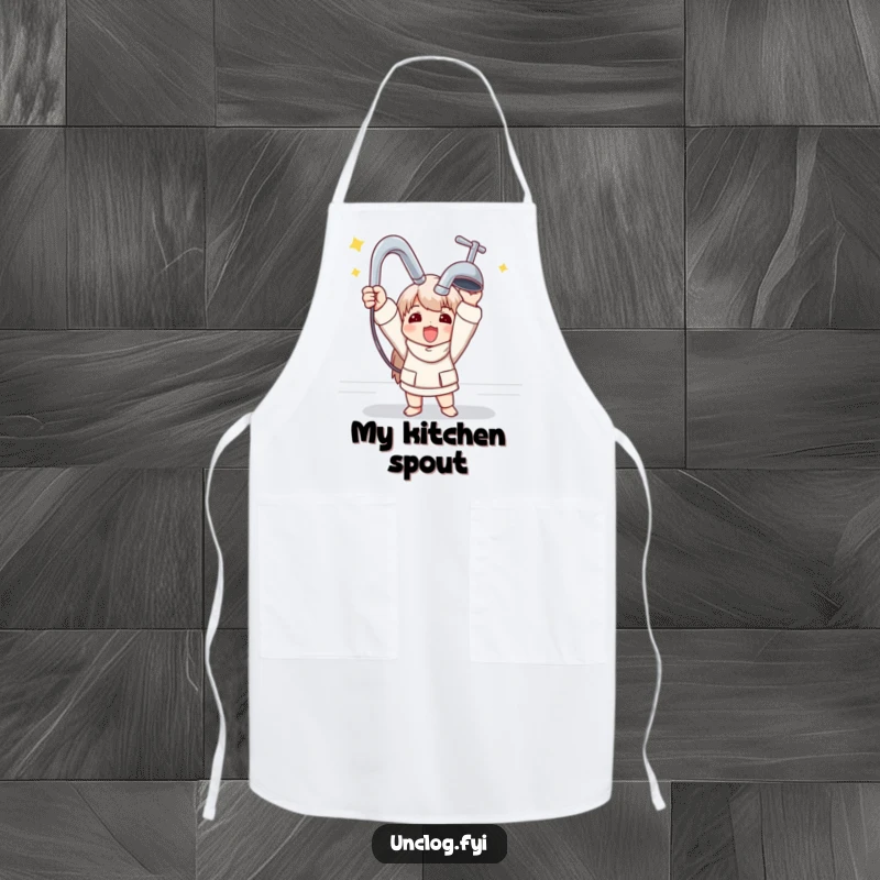 Funny apron featuring a character triumphantly holding a shiny new faucet, perfect for kitchen or workshop.