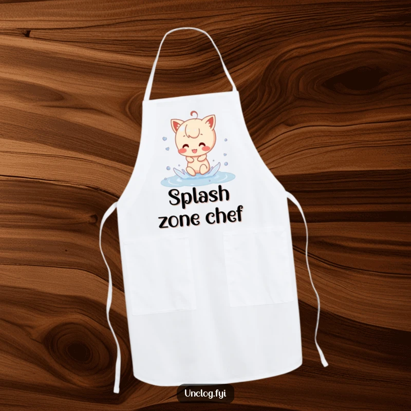 Funny Apron depicting a character splashing in a puddle, ready to bring some playful energy to the kitchen, perfect for a humorous cooking experience.