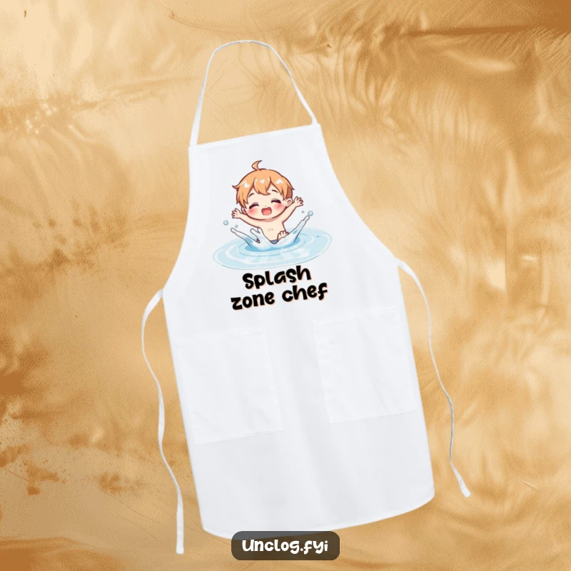 Funny Apron illustrating a character gleefully splashing in a clean water puddle, perfect for kitchen fun and adding humor to cooking.