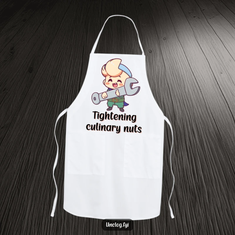 Funny apron with a character happily tightening a large bolt with a wrench, ready for work.