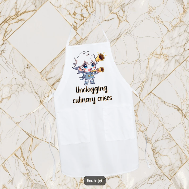 Funny apron print of a triumphant character holding a shiny, unclogged pipe. Symbolizes success and protection in the kitchen. Humorous and practical.