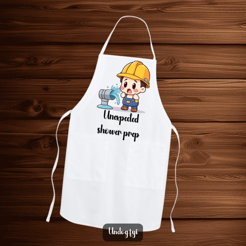 Funny apron showing a surprised plumber character in a hard hat with a gushing water pipe behind them.