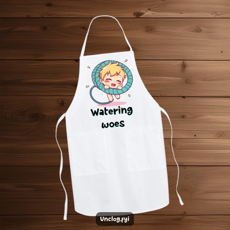 Funny apron showing a character comically entangled in a garden hosepipe, bringing humor to the kitchen while protecting clothes.