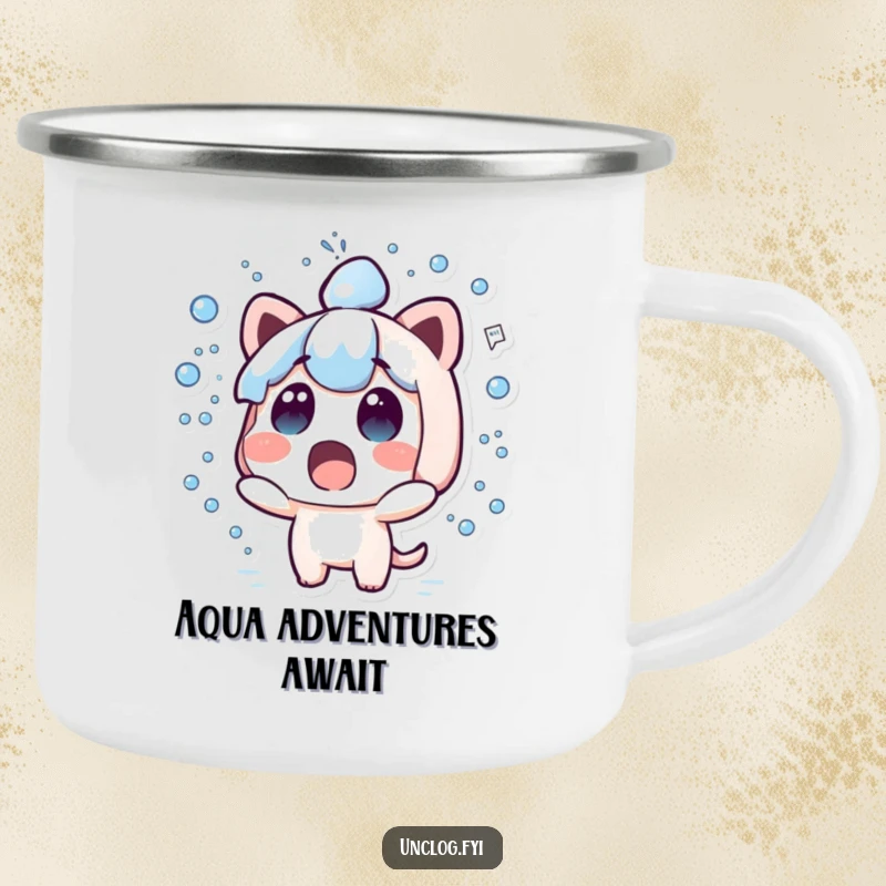 Funny kawaii camping mug with a cute surprised character and water spraying everywhere.