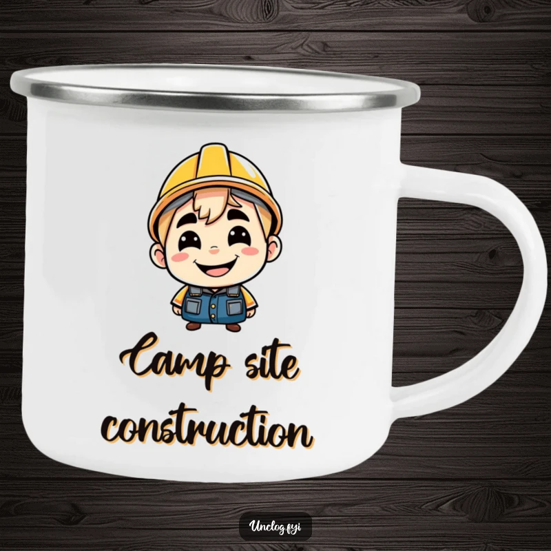 Funny camping mug with a character with a cheeky grin, wearing a hard hat backwards. Durable and humorous for the outdoors.