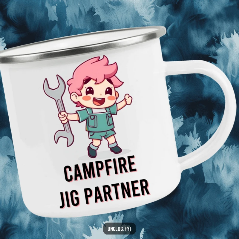 Funny character joyfully dancing with a wrench as a partner on a camping mug, symbolizing mechanical fun outdoors.