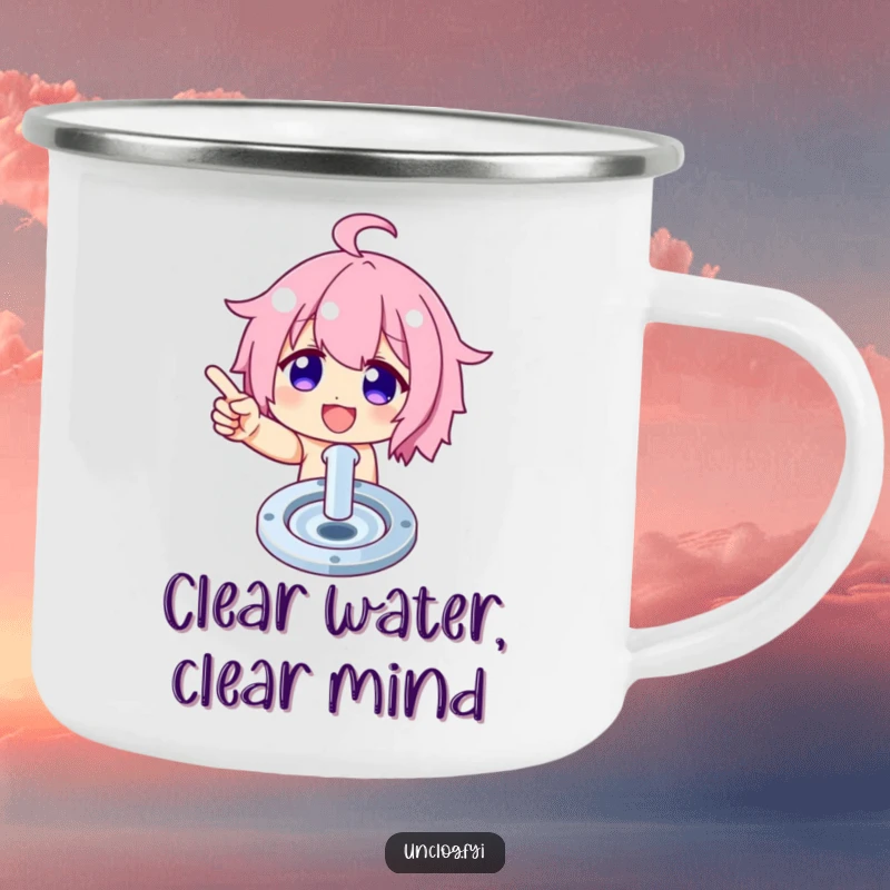 Funny camping mug with a character proudly pointing at a clean drain, celebrating tidiness during outdoor adventures.
