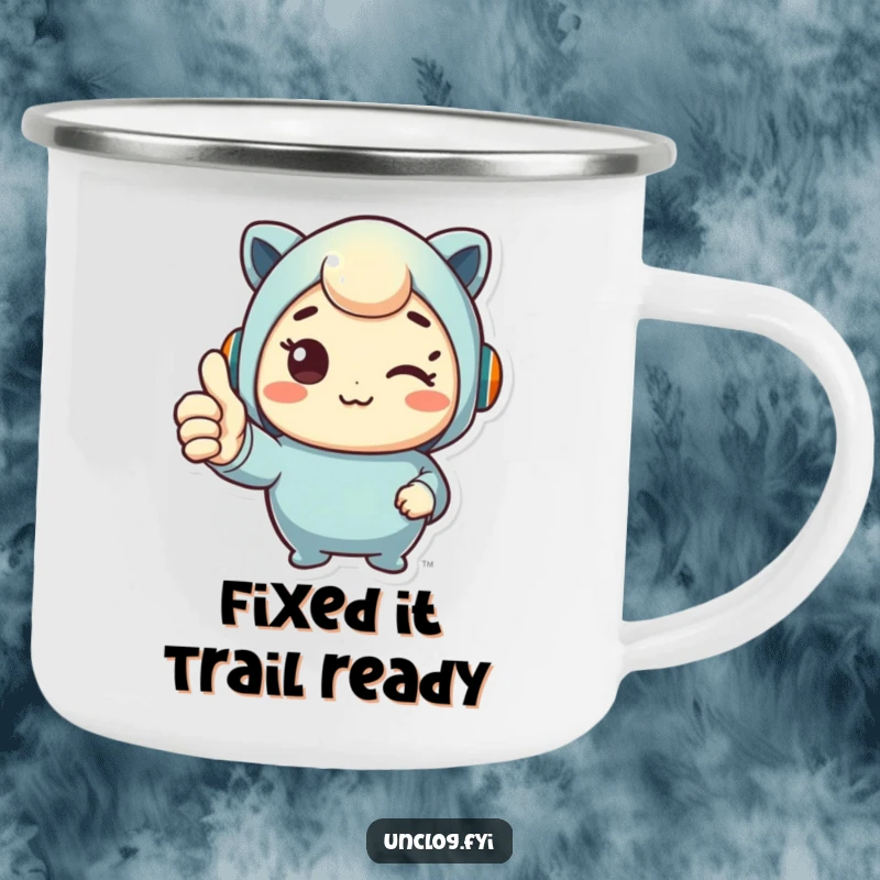 Funny camping mug featuring a cute character giving a thumbs up, perfect for enjoying hot drinks outdoors with humor.