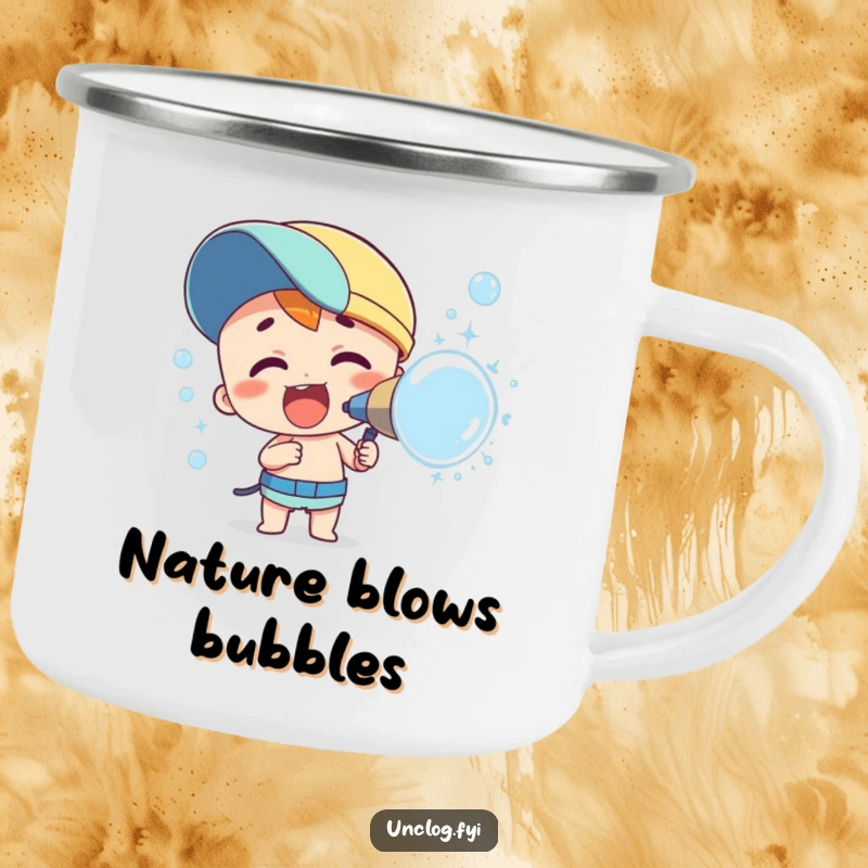 Funny camping mug with a character enthusiastically spraying bubbles in an outdoor setting. A durable and joyful companion.