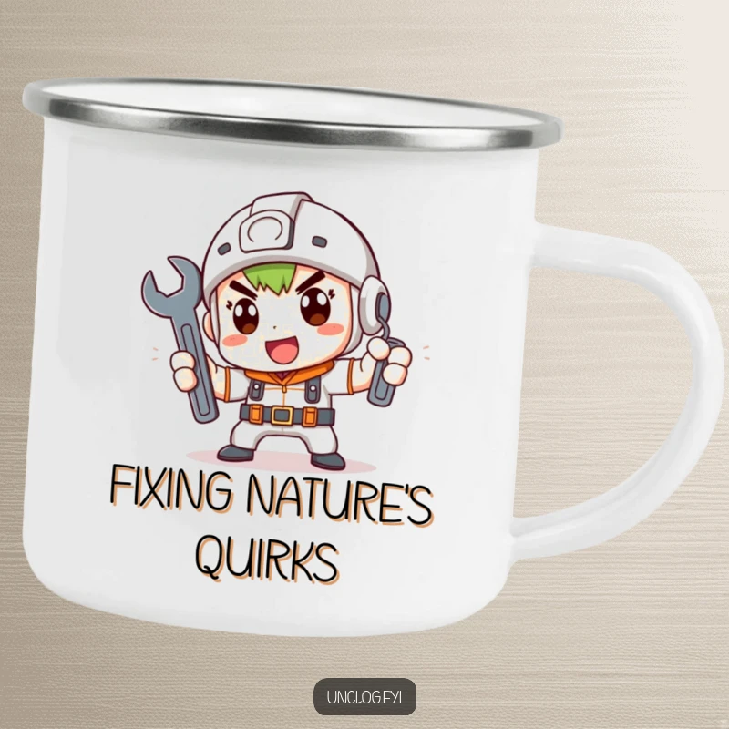 Funny Camping Mug with a cute character determinedly holding a wrench, perfect for outdoor adventures and as a funny gift.