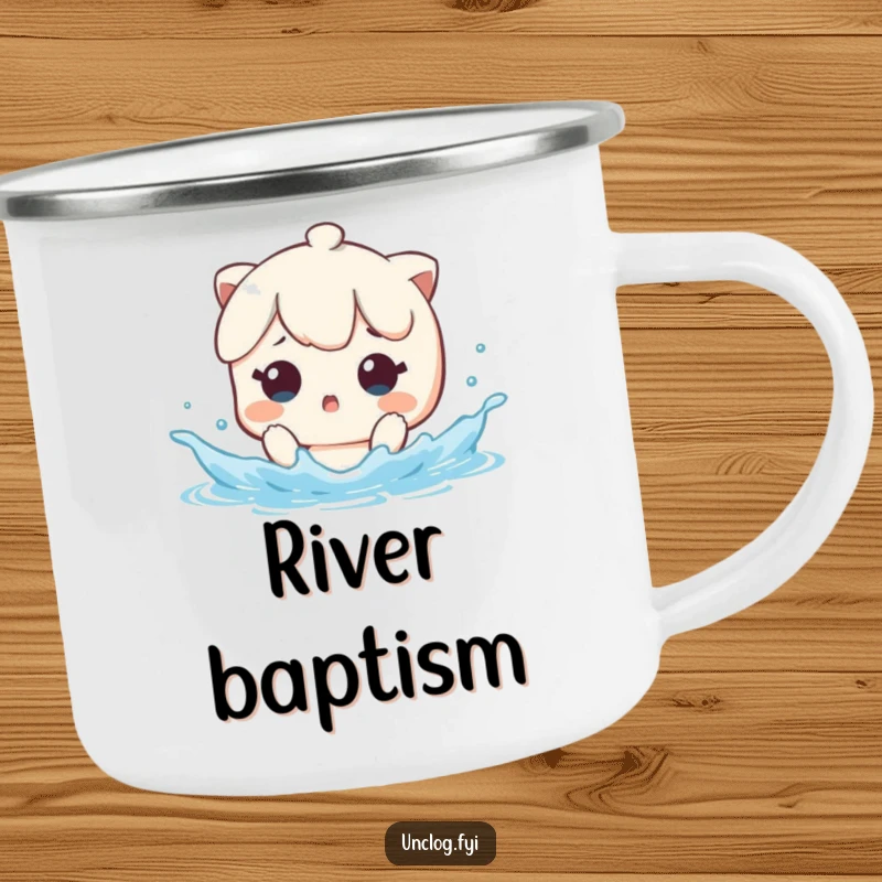 Funny Camping Mug with a kawaii character looking surprised by a sudden water splash, perfect for outdoor humor.