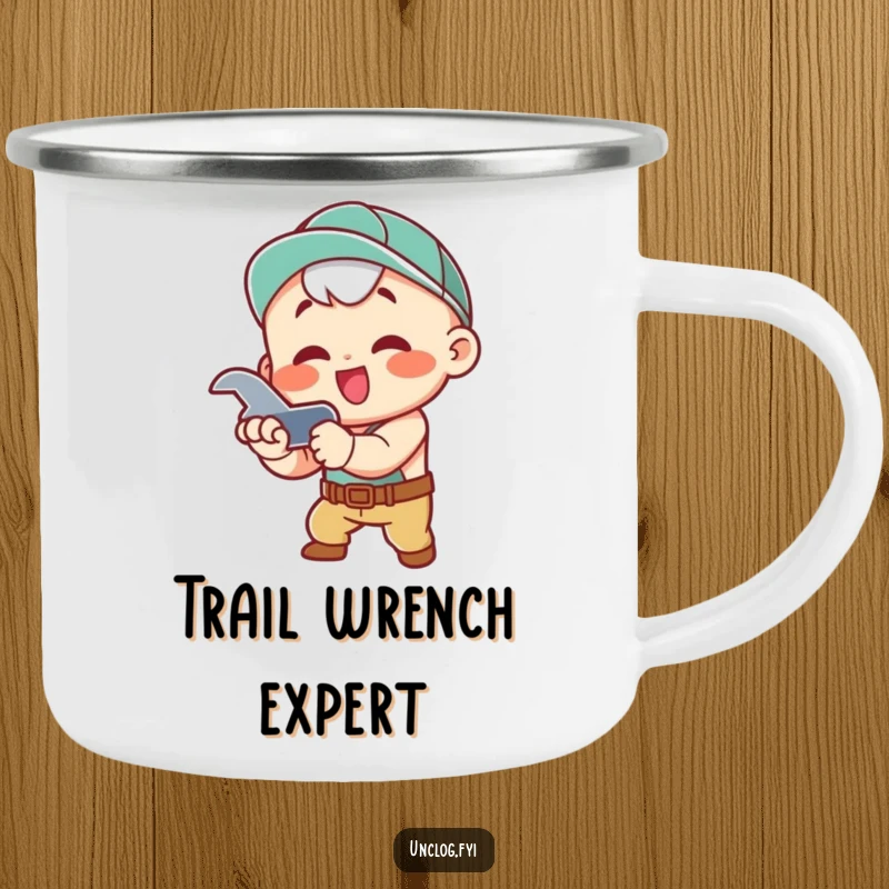 Funny Camping Mug with a kawaii character enthusiastically tightening a pipe with a wrench, perfect for outdoor humor.