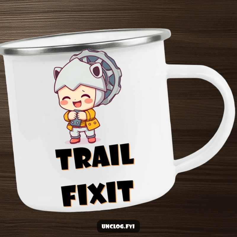 Cute character happily tightening a large bolt on a durable camping mug.