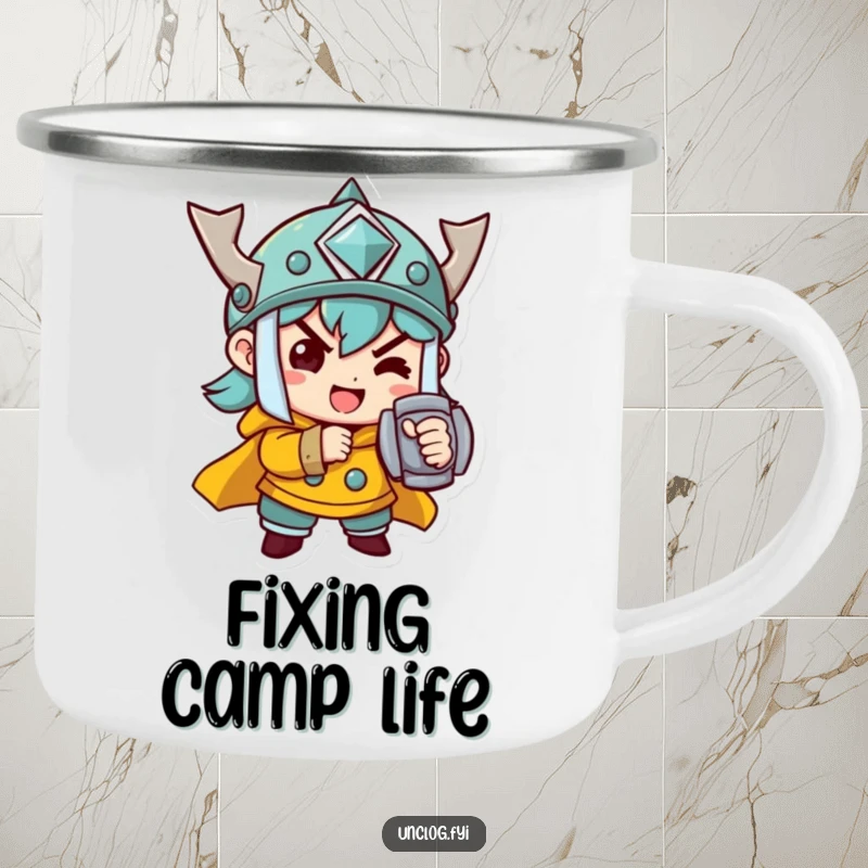 Funny Camping Mug with a determined character cheerfully tightening a bolt, ideal for outdoor enthusiasts who appreciate focus.