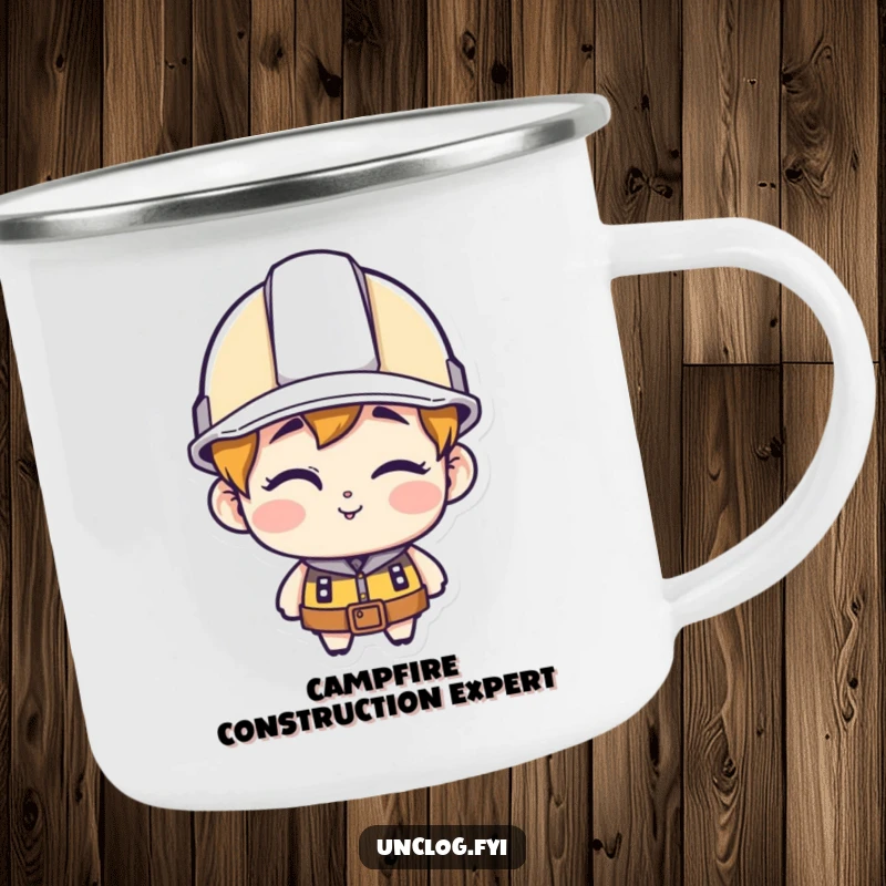 Funny character camping mug, wearing a hard hat and winking, ready for humorous adventures.