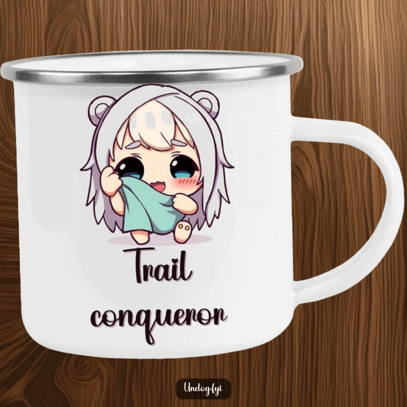 Funny camping mug showing a character happily wiping sweat from their brow with a rag, perfect for outdoor enthusiasts who appreciate effort.