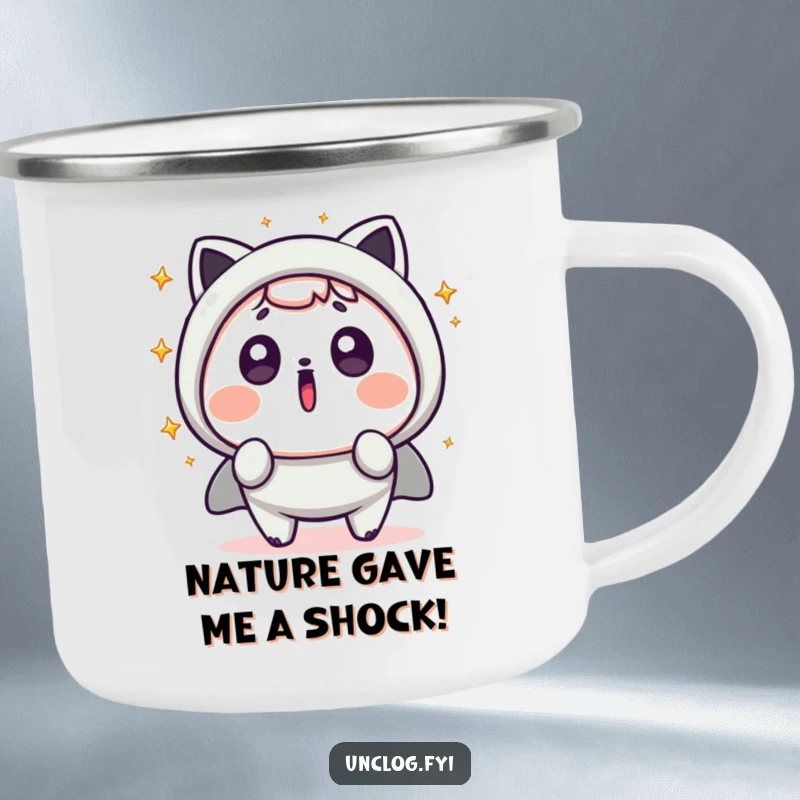 Funny Kawaii Camping Mug featuring a character in shock with sparks flying, perfect for outdoor enthusiasts who enjoy a humorous touch.