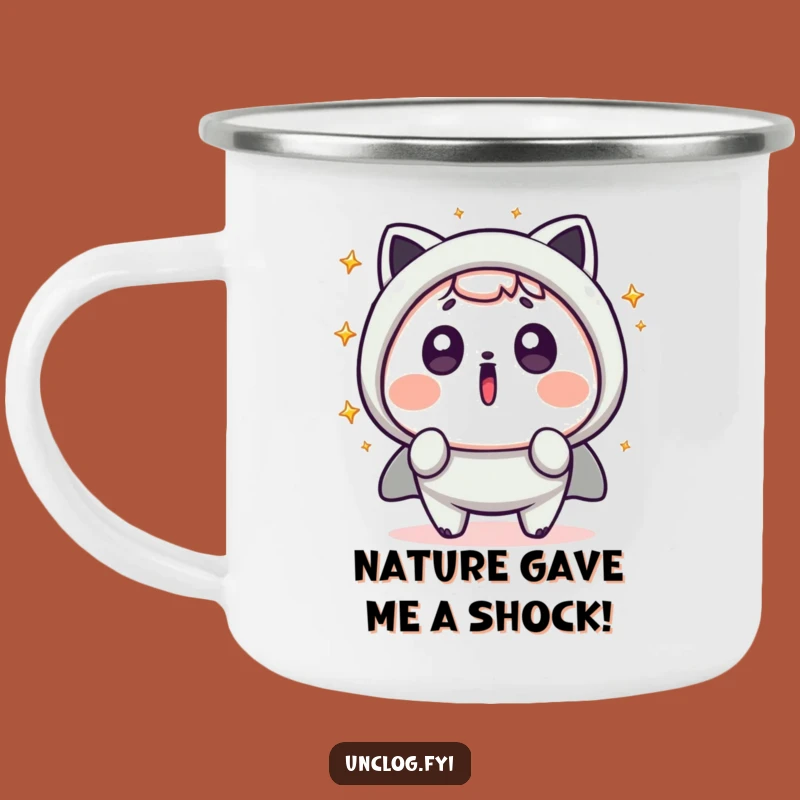 Funny Kawaii Surprise Camping Mug: Shocked Character, Flying Sparks, Adventure Gift