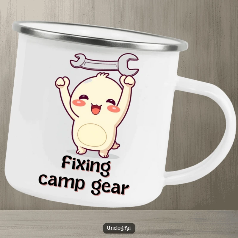 Funny Kawaii camping mug with a joyful character holding a wrench overhead, perfect for enjoying beverages outdoors with a cute and optimistic flair.