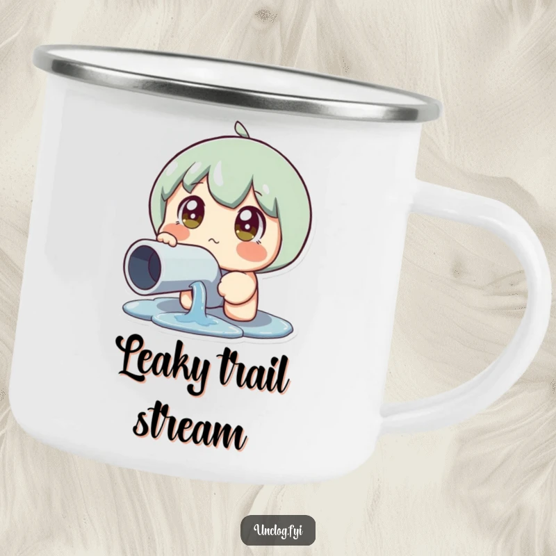 Funny Leaky Pipe Reaction Camping Mug of a character with wide eyes looking at a leaky pipe, enjoying the outdoors, great funny gift.
