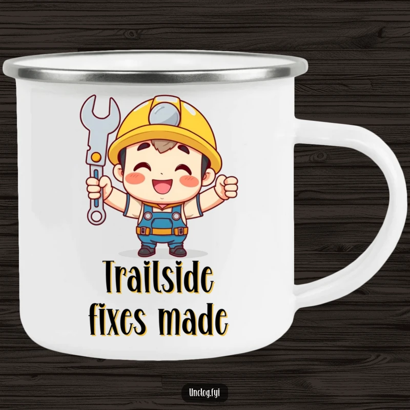 Funny mechanic camping mug with a cute character proudly holding a wrench, ideal for outdoor use and humorous DIY spirit.